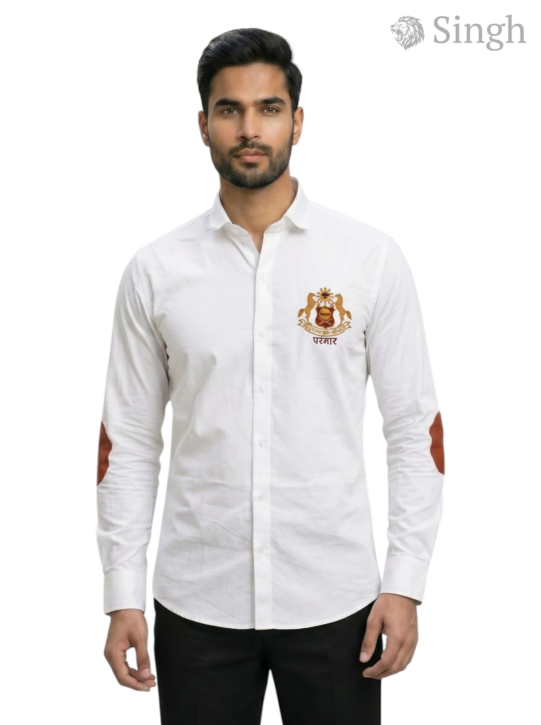 M Logo Shirt S-25-5042-PARMAR in White Cotton with Chest Embroidery and Elbow Patches