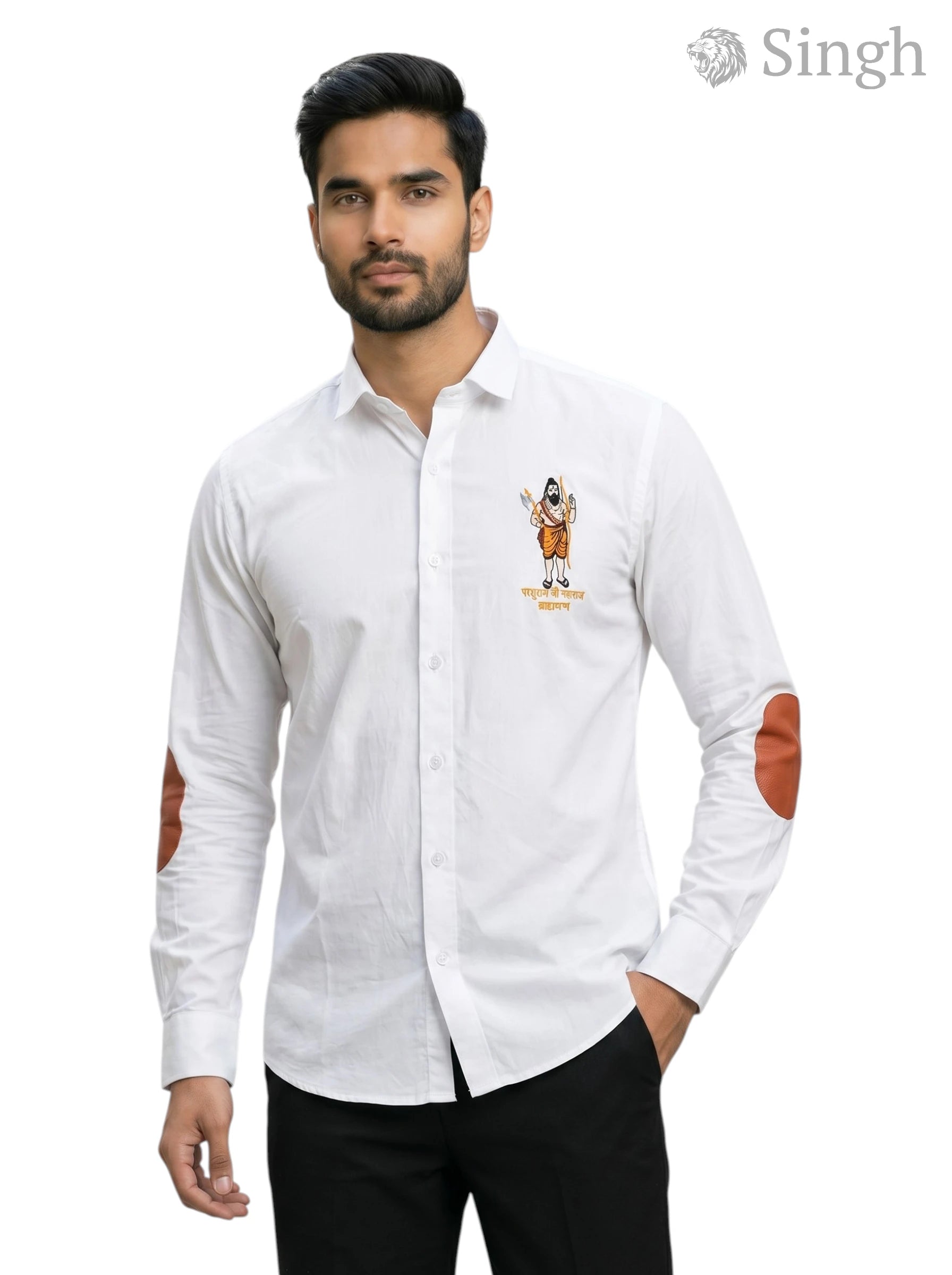 M Shirt in white cotton featuring logo and brown elbow patches, LOGO SHIRT S-25-5042-PARSURAM