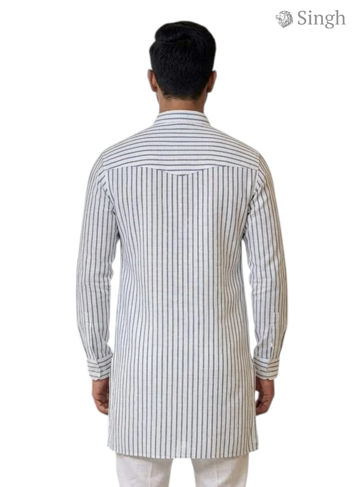 Mens long kurta in white and gray striped cotton fabric, back view with stylish design - LONG KURTA-19-207-10
