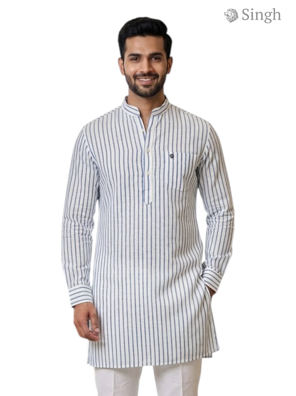 Men's white striped cotton kurta in front view, featuring LONG KURTA-19-207-10