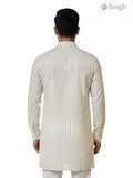 Men's long kurta in cream striped cotton fabric, back view, LONG KURTA-19-207-10