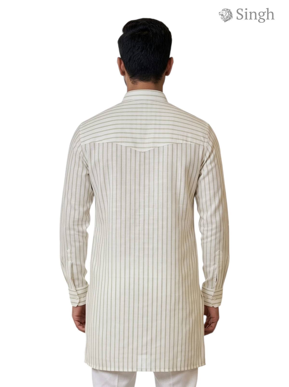 Men's long kurta in cream striped cotton fabric, back view, LONG KURTA-19-207-10