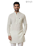 Mens Long Kurta in cream cotton with stripes, full view showcasing design details, LONG KURTA-19-207-10