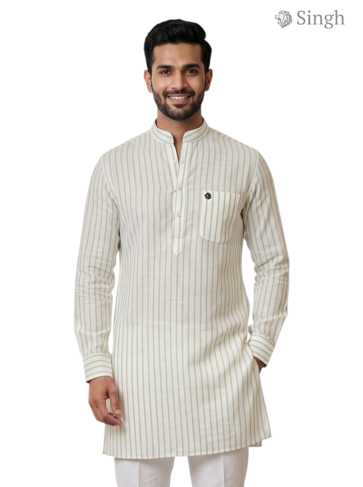 Mens Long Kurta in cream cotton with stripes, full view showcasing design details, LONG KURTA-19-207-10