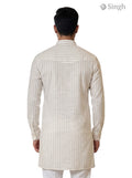 Men's Long Kurta in Cream Striped Cotton from Singh, back view showcasing elegant design - LONG KURTA-19-207-10