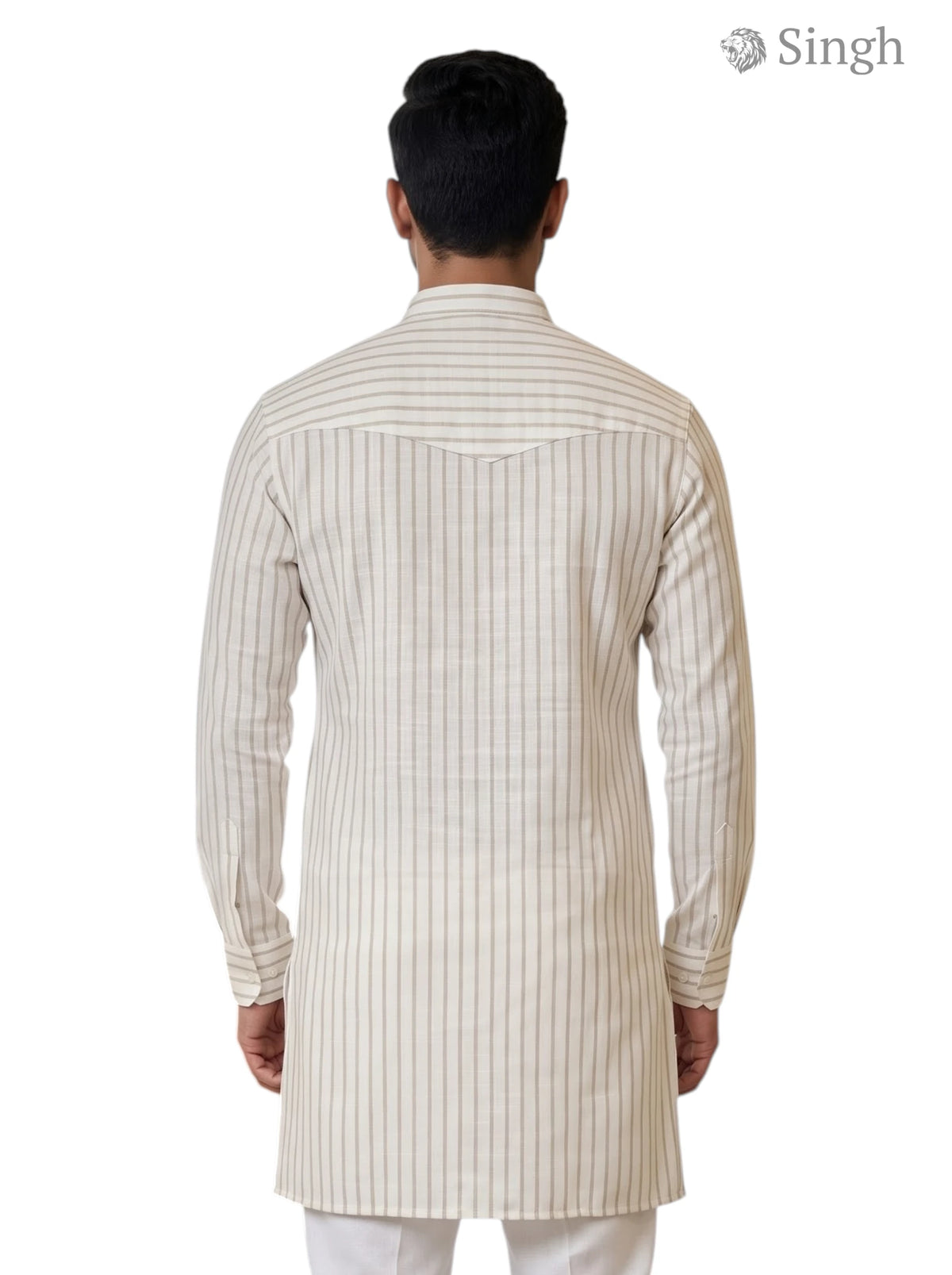Men's Long Kurta in Cream Striped Cotton from Singh, back view showcasing elegant design - LONG KURTA-19-207-10