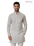 Mens kurta in white and black stripes, cotton fabric, front view, LONG KURTA-19-207-10