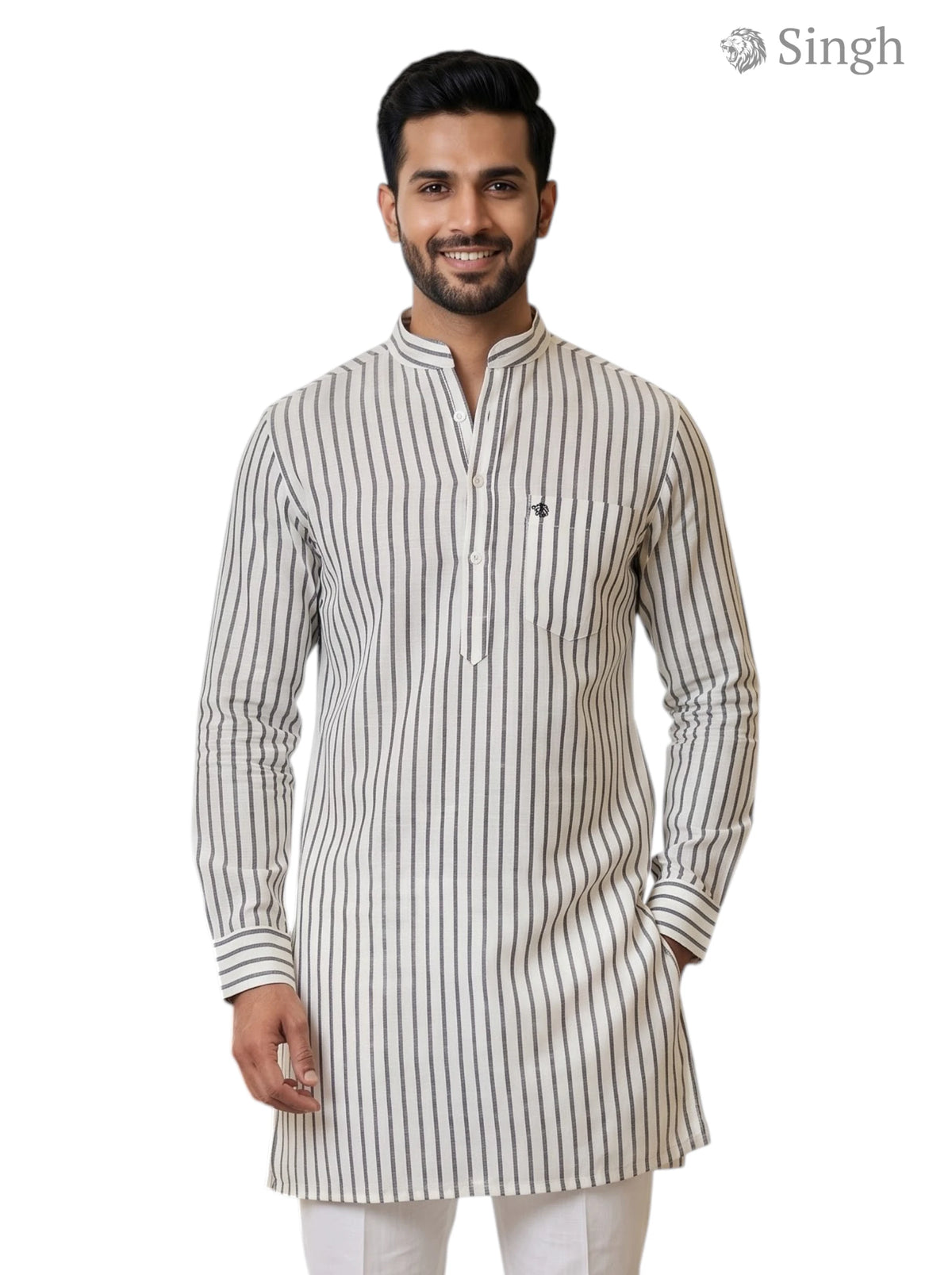 Mens kurta in white and black stripes, cotton fabric, front view, LONG KURTA-19-207-10