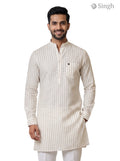 Men's long kurta-19-207-10 in cream striped fabric with a stylish collar and pocket