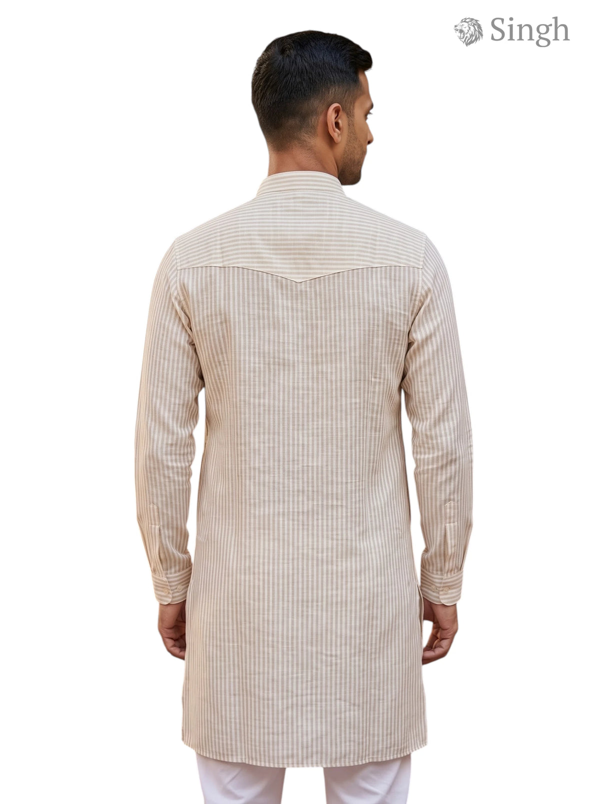 Mens Long Kurta in Beige Stripe Fabric from Singh, Back View with Stand Collar