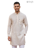 Mens kurta in beige cotton fabric, front view, featuring LONG KURTA-19-207-4 design