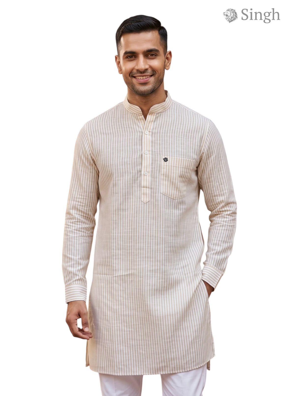 Mens kurta in beige cotton fabric, front view, featuring LONG KURTA-19-207-4 design