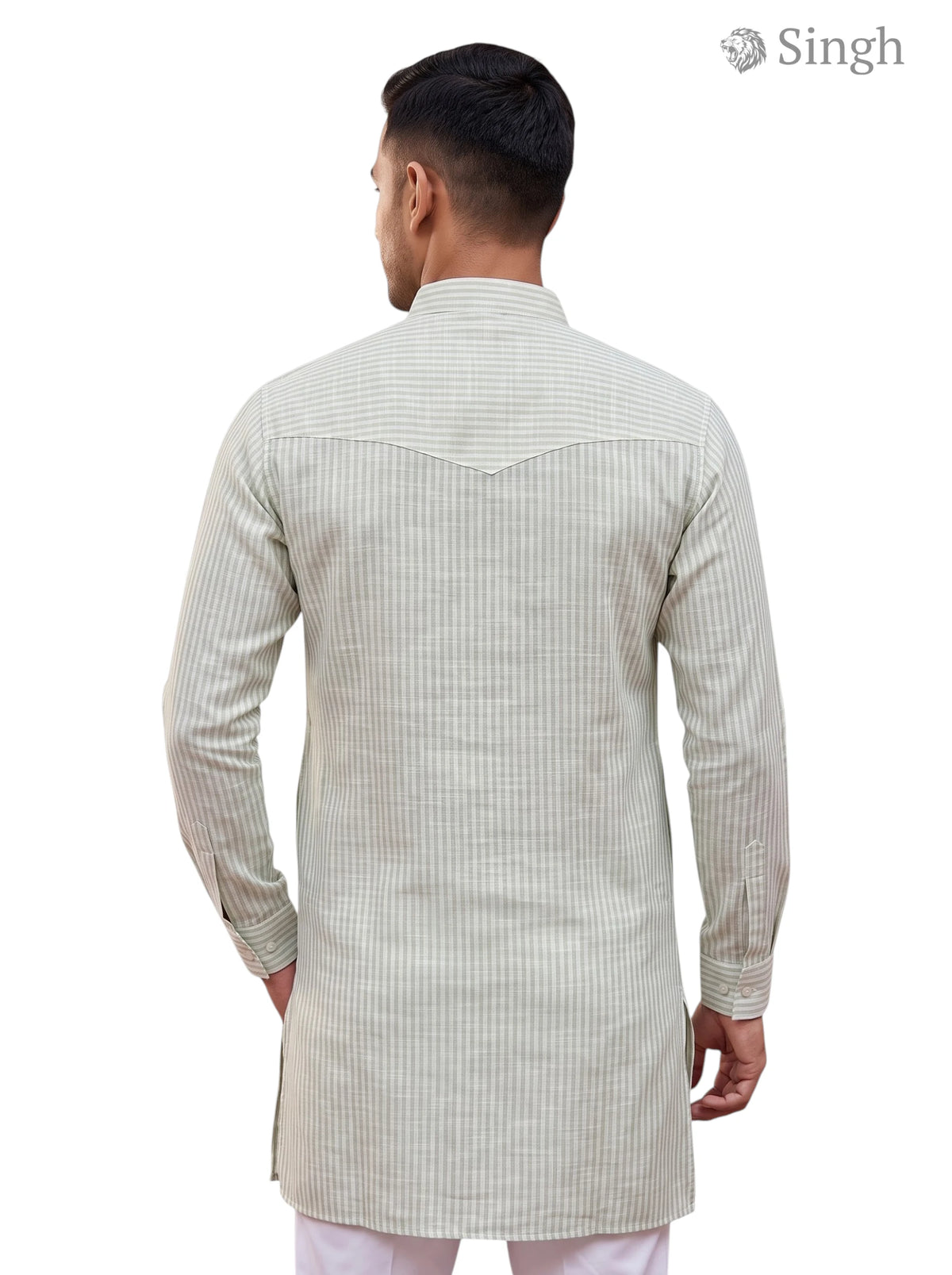 Mens long kurta in light green striped fabric with back view from Singh