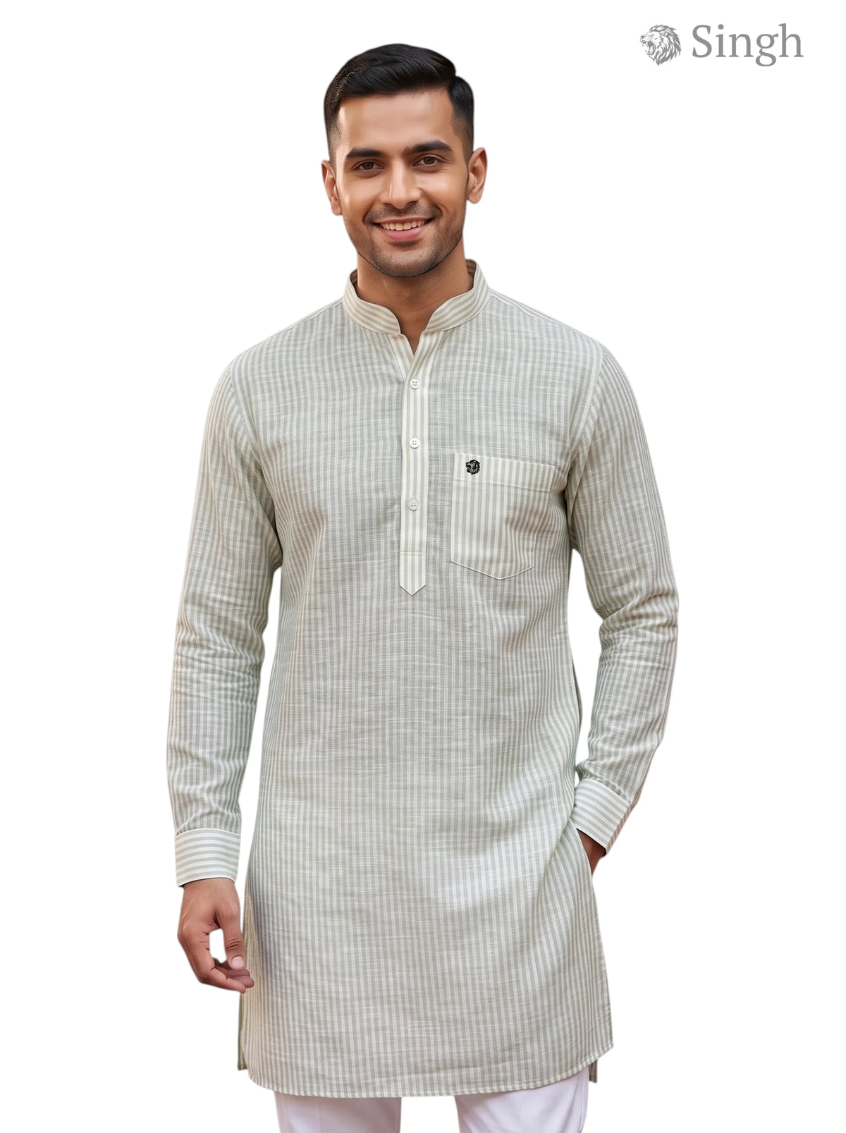 Mens Long Kurta-19-207-4 in beige cotton, front view with traditional collar and chest pocket