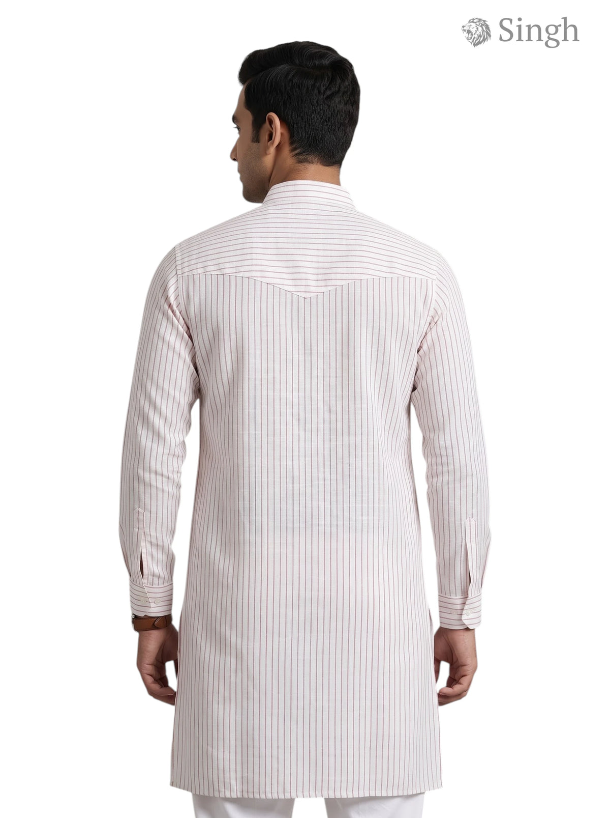 Mens kurta in pink and white striped cotton view from the back LONG KURTA-19-208-2