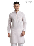 Mens long kurta-19-208-2 in light beige cotton with vertical stripes, front view