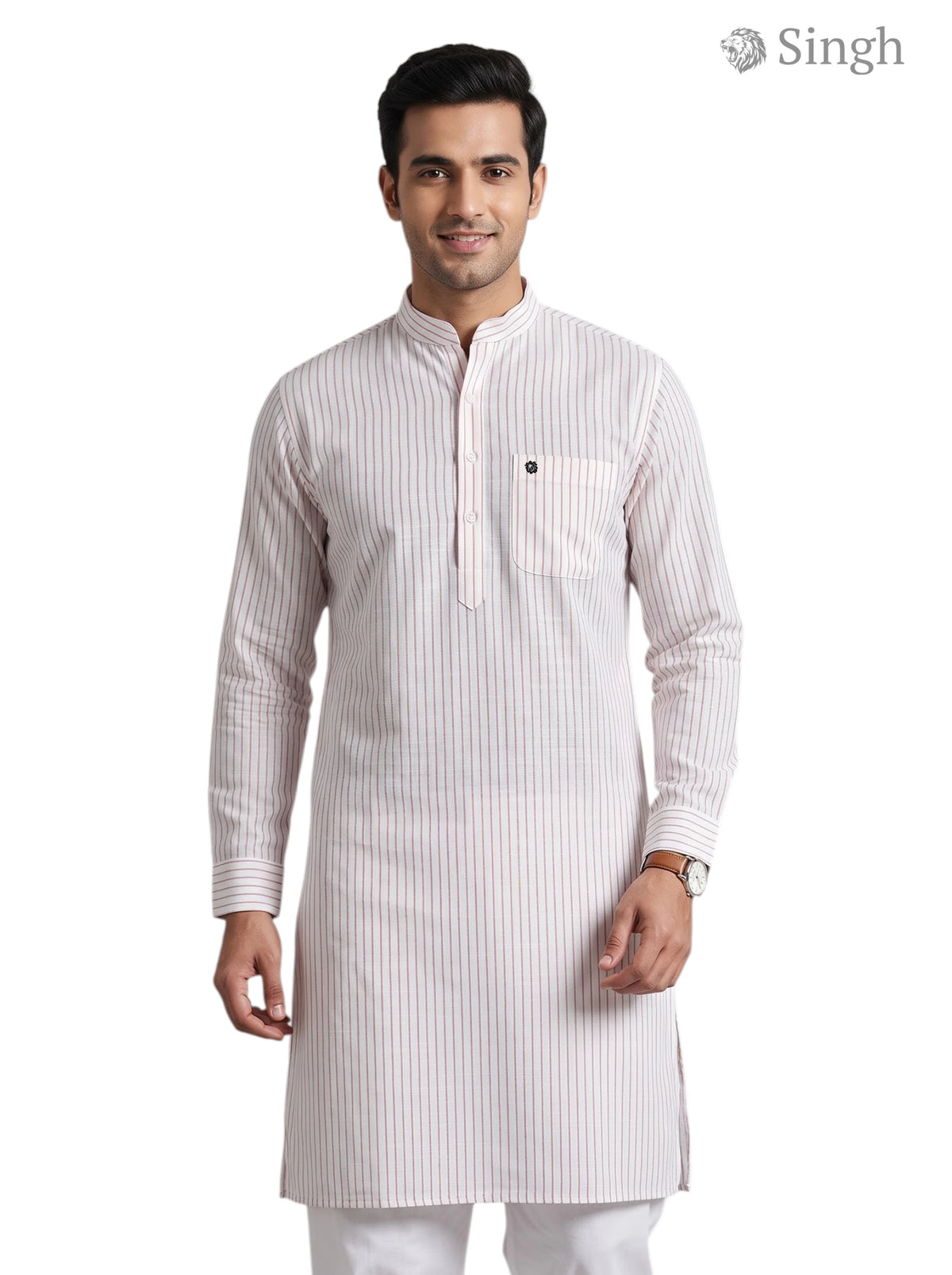 Mens long kurta-19-208-2 in light beige cotton with vertical stripes, front view