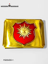 Modern Marwar luxury belt clip featuring a golden design with a red and sun emblem.