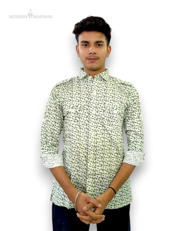 Modern Marwar men's printed shirt in light green with stylish floral patterns for casual wear