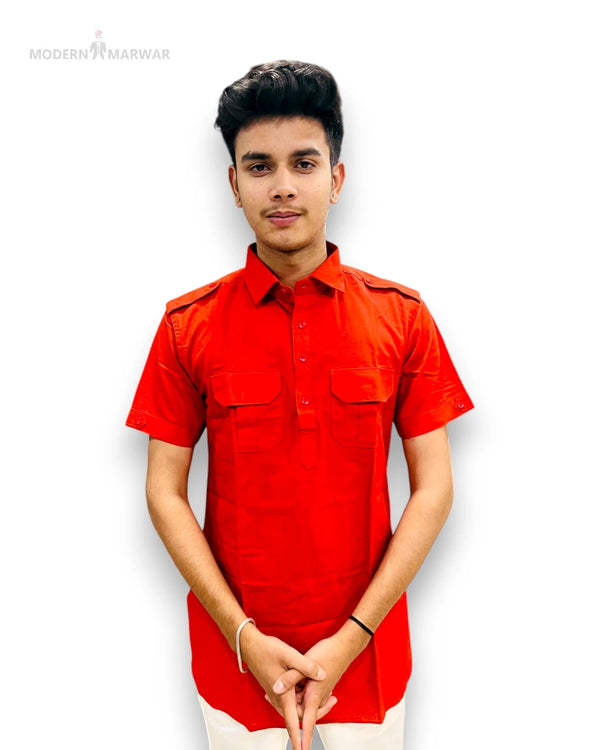 Men's red casual shirt by Modern Marwar with short sleeves and two front pockets.