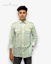 Modern Marwar men's designer shirts in light green with unique pattern and front pockets