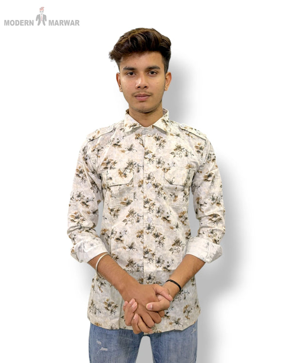 Modern Marwar men's floral print shirt in light colors with stylish design and two front pockets