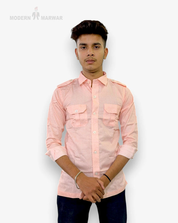 Men's peach shirt by Modern Marwar featuring two front pockets and a stylish design