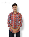 SINGH men's blue checked casual shirt in red and blue tones worn by a male model