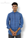 SINGH men's blue checkered shirt with long sleeves and button-down collar on model