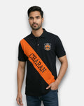 Men's Charan Lobo T-Shirts in black cotton with an orange graphic design from the side