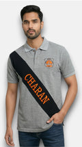 Men's Charan Lobo T-Shirts in Grey Cotton Front View with Bold Charan Print