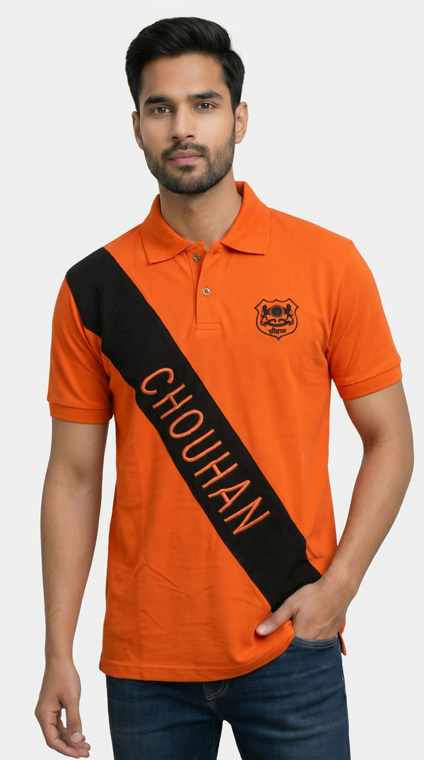 Men's Chouhan Lobo T-Shirts in orange cotton, front view with black sash detail
