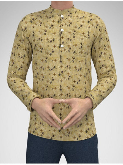 Modern Marwar men's floral kurta in yellow with a stylish button-up design and long sleeves