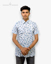 Men's floral shirt from Modern Marwar featuring a light blue leaf pattern and a stylish collar