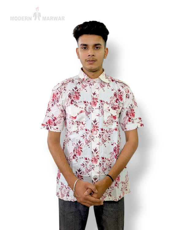 Men's floral shirt by Modern Marwar in white with red floral patterns, perfect for casual wear