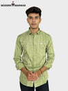 Men's green formal shirt by SINGH with subtle vertical stripes and button-down collar