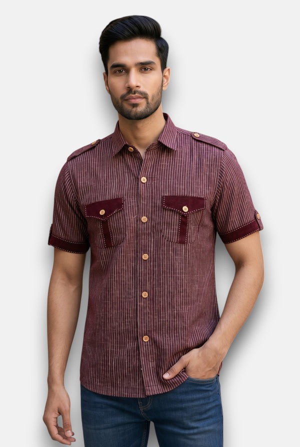 M Men's Hunting Shirts in burgundy cotton with short sleeves and front pockets