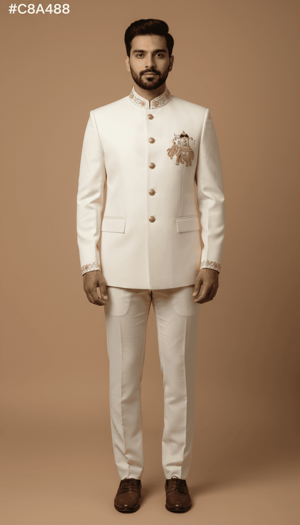 Modern Marwar men's Jodhpuri coat with elephant logo in cream color, tailored for elegant occasions