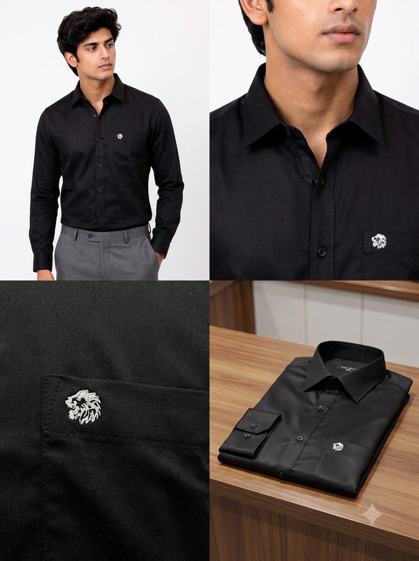 Men's plain shirt in black, made of cotton, shown from front and folded angle