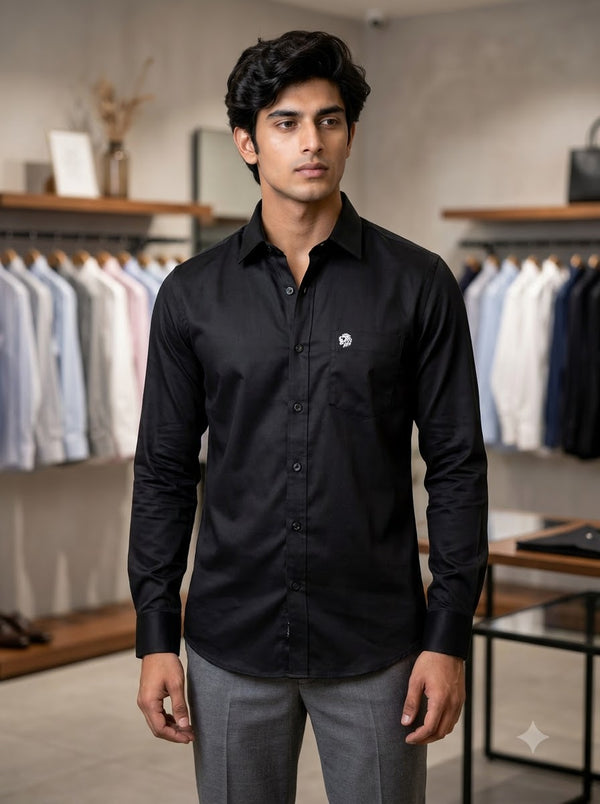 Men's black shirt made from soft fabric, front view showcasing stylish design, mens plain shirt