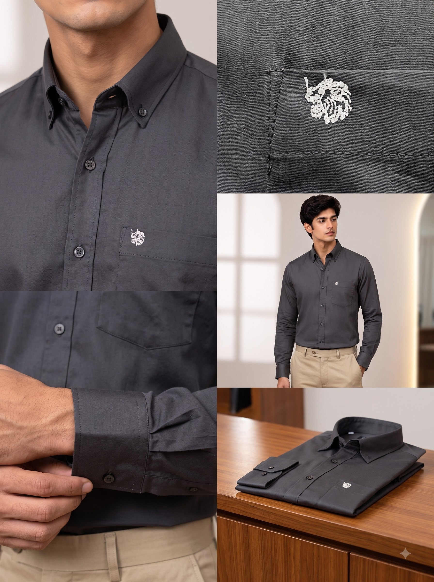 Men's plain shirt in charcoal gray cotton with a tailored fit and stylish pocket detail