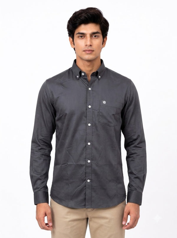 Men's gray cotton long-sleeve shirt from SINGH featuring a buttoned pocket, mens plain shirt