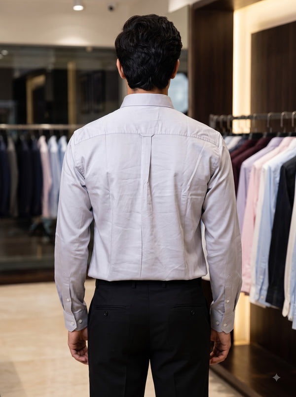 Men's plain shirt in light gray cotton, back view showcasing a tailored fit