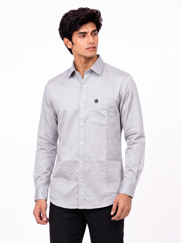 Mens plain shirt in light grey cotton, front view by SINGH
