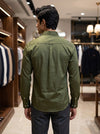 Men's Olive Green Linen Shirt from SINGH, back view showcasing a comfortable fit, mens plain shirt