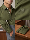 Men's plain shirt in olive green cotton, styled on a mannequin and flat lay for versatile looks