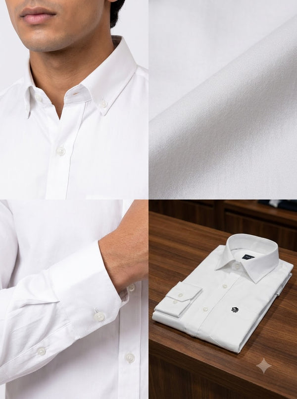 Men's plain shirt in white cotton fabric with button-down collar and folded design