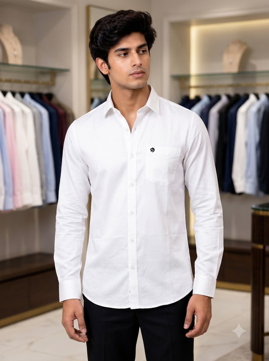 Men's white cotton shirt front view - stylish mens plain shirt by SINGH
