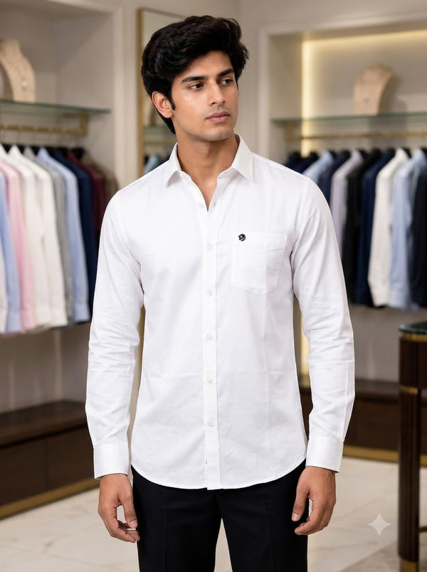 Men's white cotton shirt front view - stylish mens plain shirt by SINGH