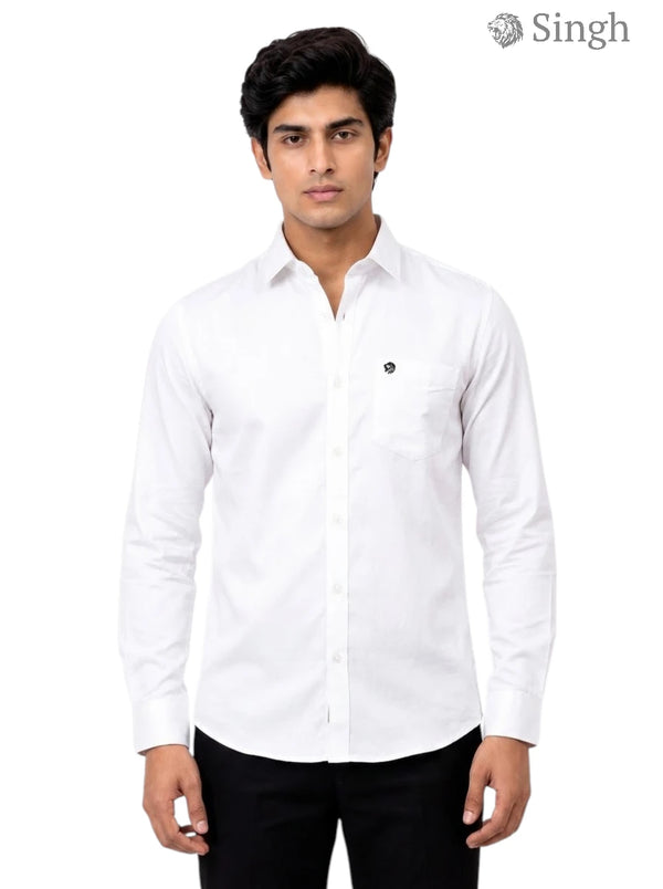 Men's white plain cotton shirt front view featuring a stylish chest pocket, mens plain shirt